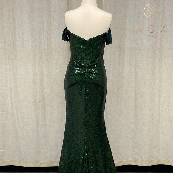 NEW LONG OFF THE SHOULDER EMBROIDERED SEQUIN DRESS WITH ZIPPER BACK NX R1203 - Picture 7 of 9